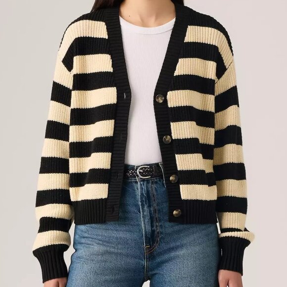 Levi's Black and Cream Striped Button-Up Cardigan Sweater - Picture 2 of 5